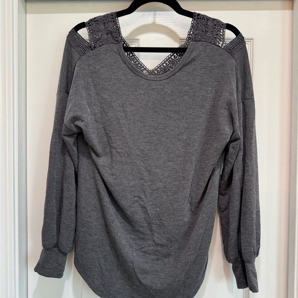 Gray Women's Top with Lace Shoulder Detail